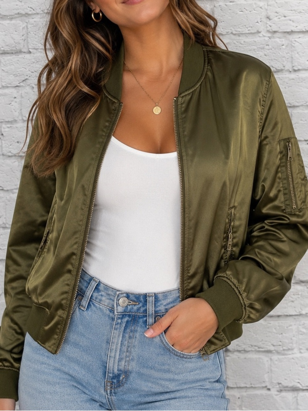 Cotton Candy LA Olive Satin Bomber Jacket Women’s Large Zip Utility Sleeve